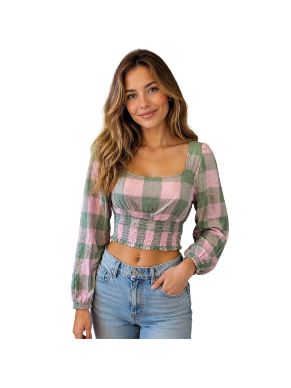 BP. Nordstrom green pink plaid peasant Smocked cropped summer top sz Small NWT